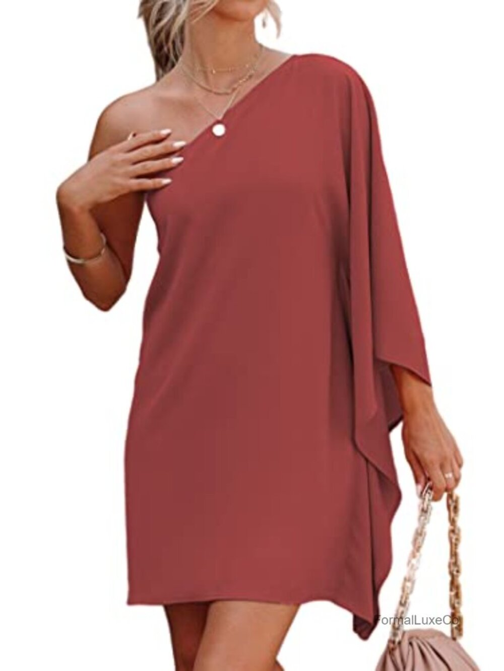 One Shoulder Ruffle Batwing Sleeve Mini Party Cocktail Dress - Picture 1 of 5